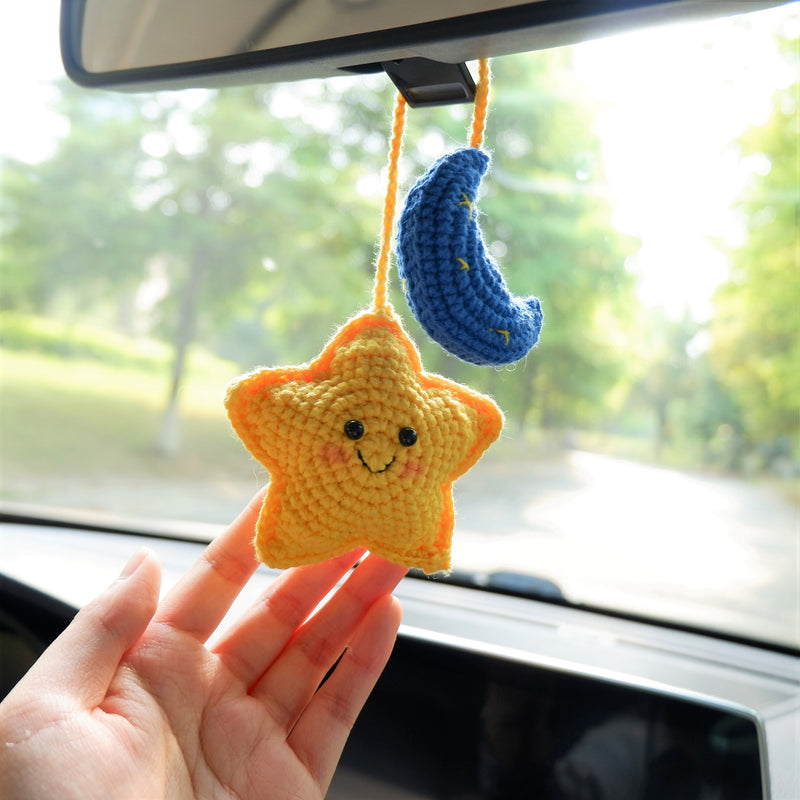 Crochet Smiley Star & Moon Car Mirror Hanging Accessories, Car Rear View Mirror Accessories, Cute Car Accessories Interior, Car Mirror Charm