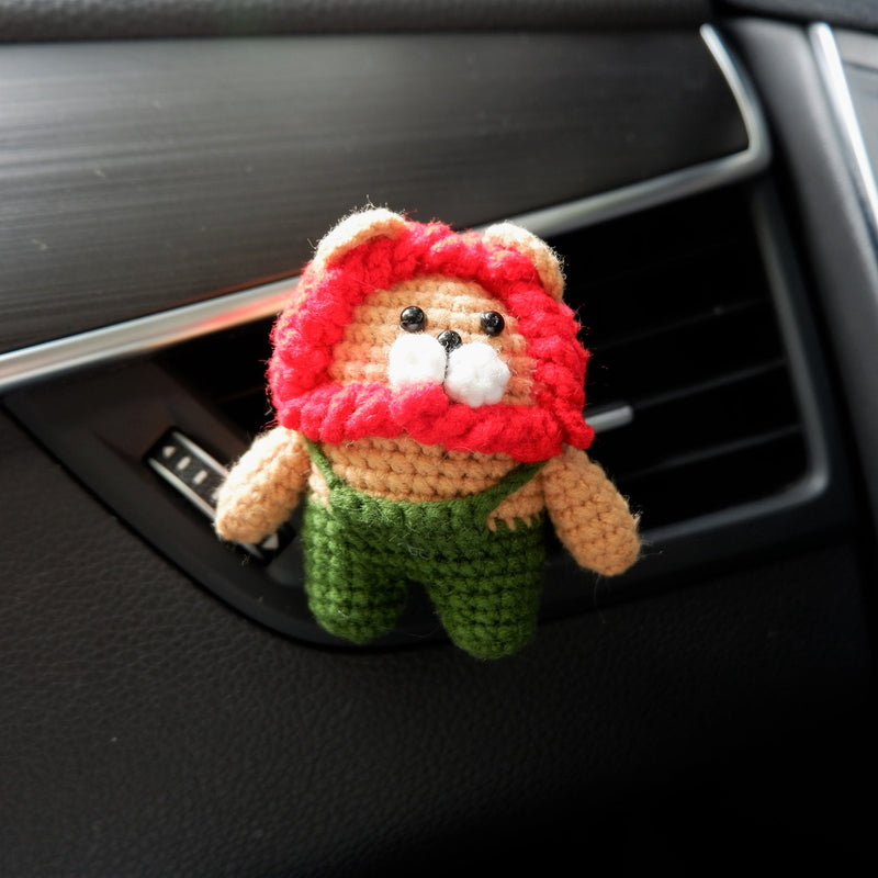 Crochet Overalls Lion Car Vent Clips Air Freshener, Kawaii Lion Air Vent Clip, Cute Interior Car Accessory for Men/Teens, Car Mask Hanger