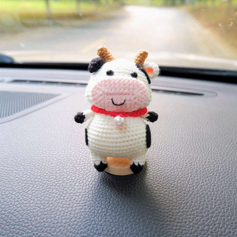 Crochet Cow Car Dashboard Decor, Chunky Cow Car Dashboard Accessory, Cute Interior Car Accessory for Women, Animal Car Charm, Gifts for Her