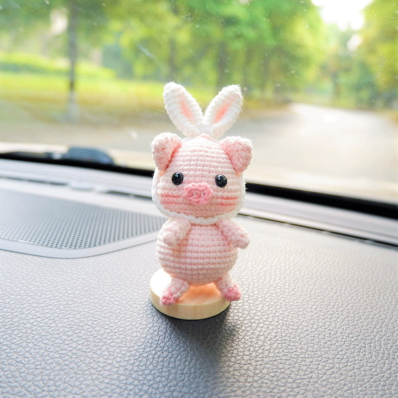 Crochet Piggy Car Dashboard Decor, Piggy with Bunny Ears Car Dashboard Accessory, Kawaii Car Interior Accessory  for Women, Gift for Her