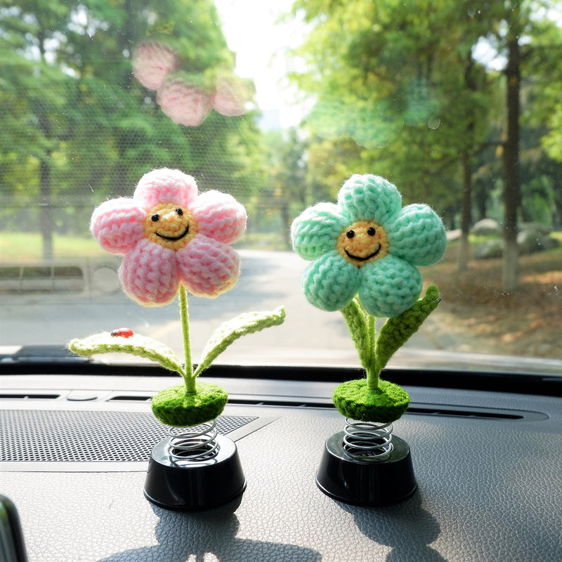 Crochet Smiley Waffle Flower Car Dashboard Bobblehead Decor, Cute Car Accessories Interior for Women, Boho Car Air Freshener, Mothers Day