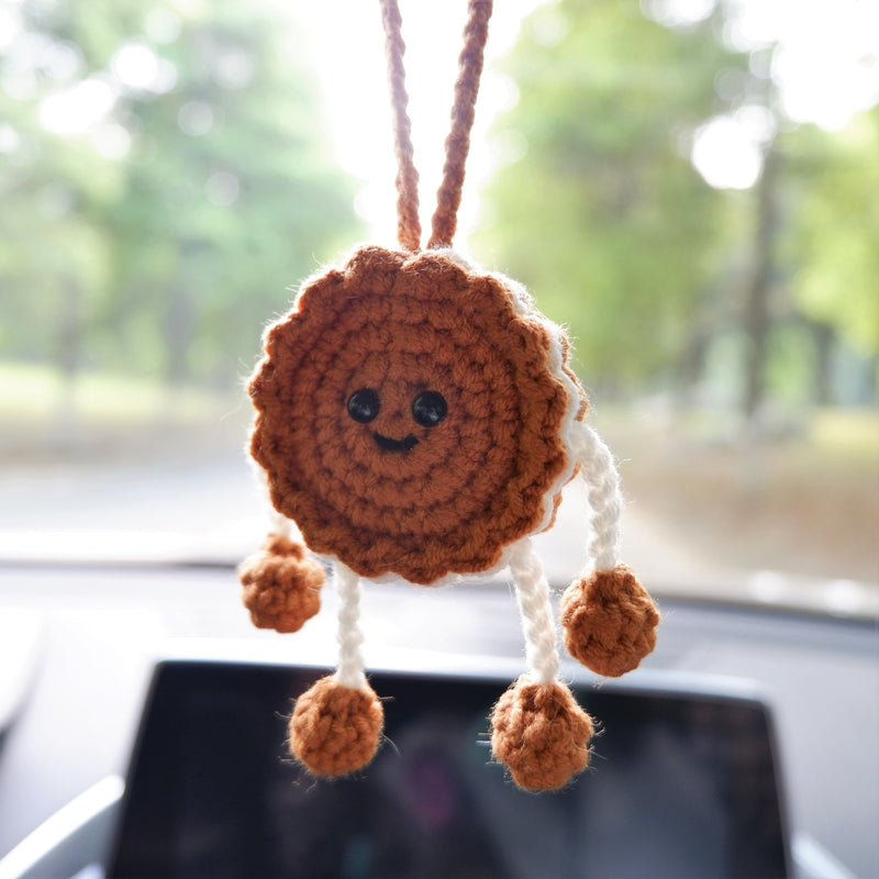 Crochet Cookie Doll Car Hanging Accessory, Kawaii Smiley Cookie Doll Car Mirror Hanging Accessory, Funny Car Interior Decor for Women/Teens