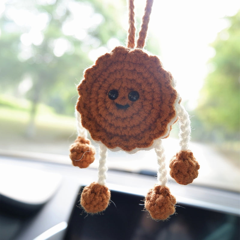 Crochet Cookie Doll Car Hanging Accessory, Kawaii Smiley Cookie Doll Car Mirror Hanging Accessory, Funny Car Interior Decor for Women/Teens