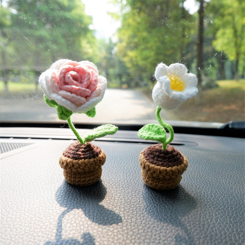 3pcs/2Pcs Mini Rose/Lily of the Valley Car Interior Accessories, Boho Gradient Rose Car Dashboard Decor, Cute Crochet Mini Potted Plant