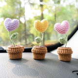 3pcs/2Pcs Mini Hearts Flower Car Accessories, Crochet Pastel Hearts Car Dashboard Decor, Boho Mini Potted Plant Car Interior Accessory