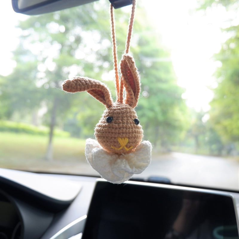 Crochet Bunny Head Car Hanging Accessory, Kawaii Brown Gentle Bunny Car Mirror Hanging Accessory, Cute Car Interior Decor for Women/Teens