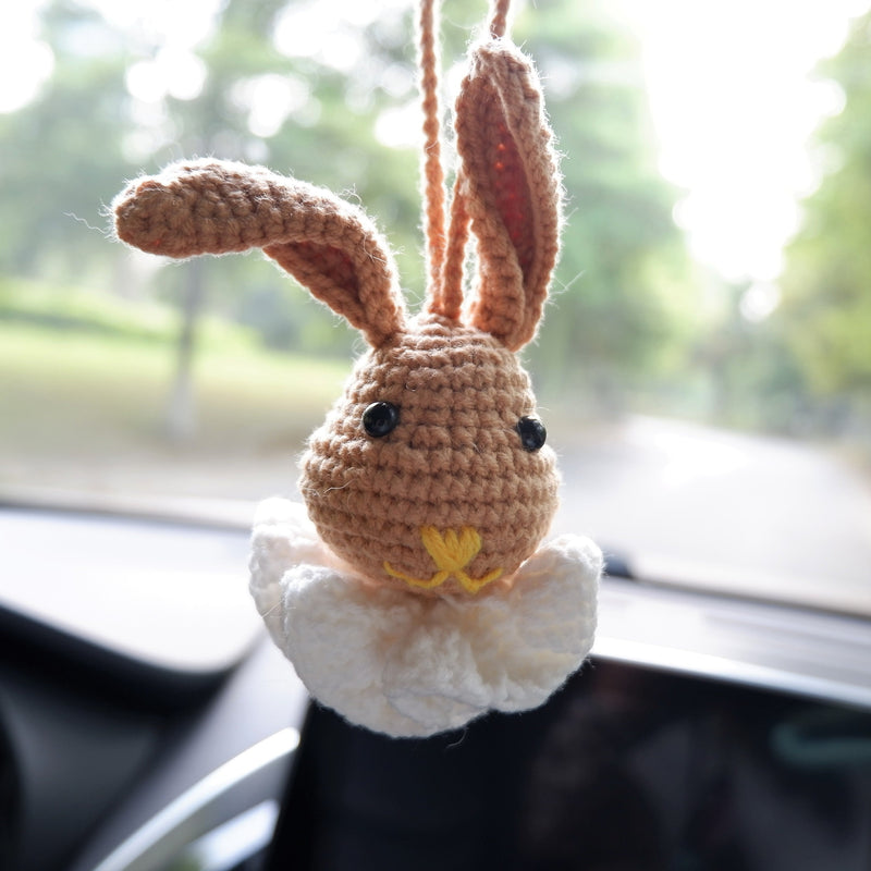 Crochet Bunny Head Car Hanging Accessory, Kawaii Brown Gentle Bunny Car Mirror Hanging Accessory, Cute Car Interior Decor for Women/Teens