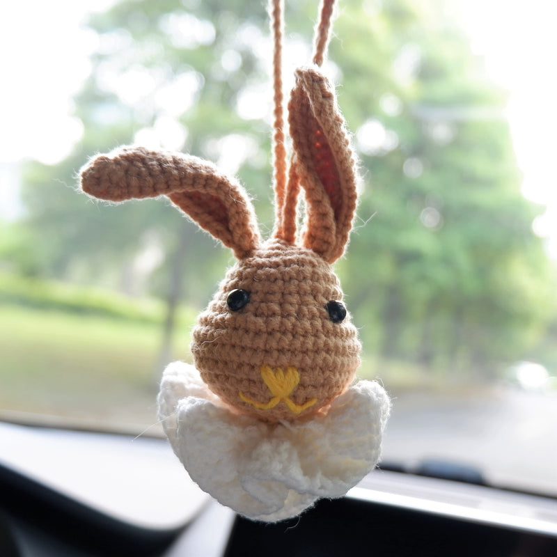 Crochet Bunny Head Car Hanging Accessory, Kawaii Brown Gentle Bunny Car Mirror Hanging Accessory, Cute Car Interior Decor for Women/Teens