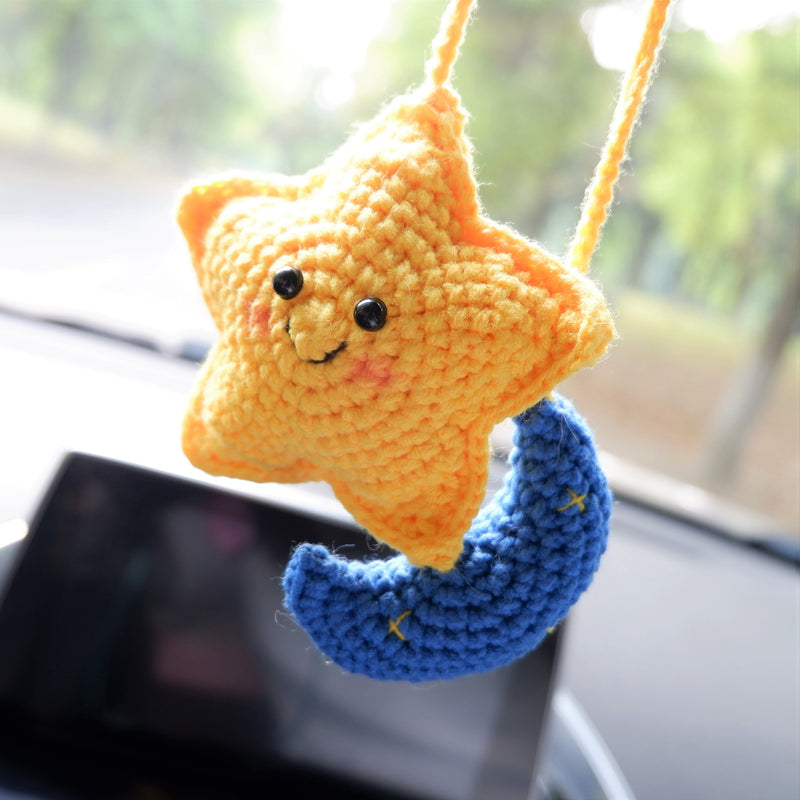 Crochet Smiley Star & Moon Car Mirror Hanging Accessories, Car Rear View Mirror Accessories, Cute Car Accessories Interior, Car Mirror Charm